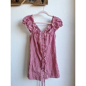 Red Gingham Cotton Ruffle Front Button Down Cap Sleeve Tie Back Blouse MD